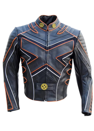 Black leather jacket with orange accents 
