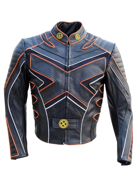 Black leather jacket with orange accents 
