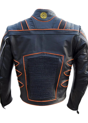 Black leather jacket with orange accents 