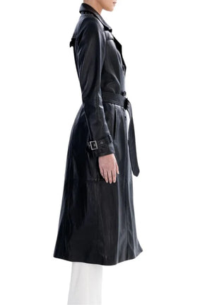Black Spring Belted Leather Trench Coat For Womens