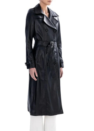 Black Spring Belted Leather Trench Coat For Womens