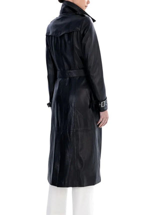 Black Spring Belted Leather Trench Coat For Womens