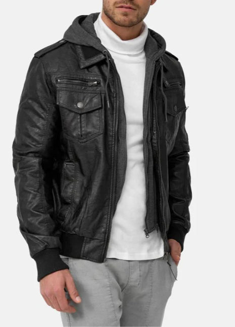 Mens Black Bomber Leather Jacket With Removable Hood