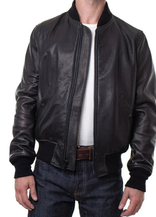 Men's Lightweight Black Cowhide Leather Bomber Jacket