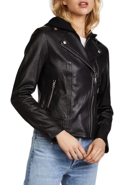 Billie Black Womens Real Leather Biker Jacket with Hood