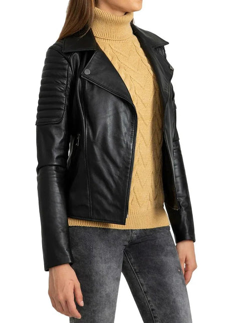 Black Quilted Leather Biker Jacket Women