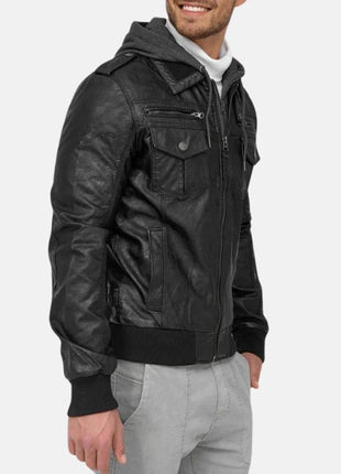 Mens Black Bomber Leather Jacket With Removable Hood