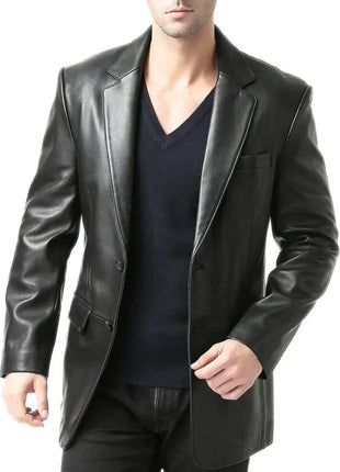 Men's Two Button Real Lambskin Black Leather Blazer