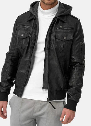 Mens Black Bomber Leather Jacket With Removable Hood