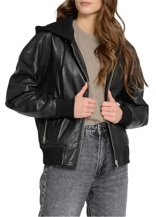 Women's Black Hooded Leather Bomber Jacket with Removable Hood