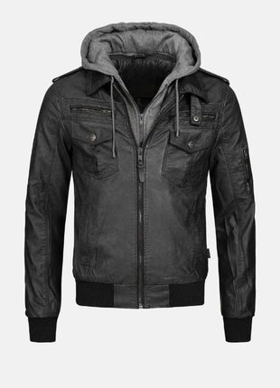 Mens Black Bomber Leather Jacket With Removable Hood