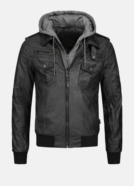 Mens Black Bomber Leather Jacket With Removable Hood