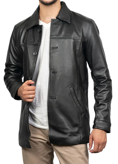 Victor Black Mens 3/4 Length Lambskin Leather Car Coat