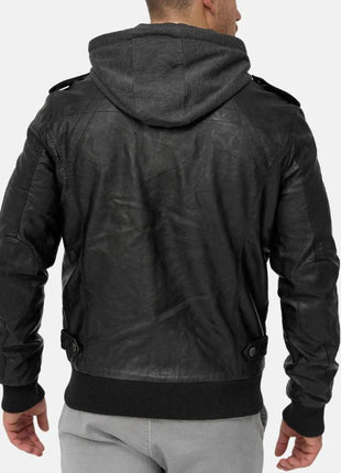 Mens Black Bomber Leather Jacket With Removable Hood