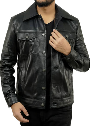 Holland Black Real Leather Trucker Jacket Mens