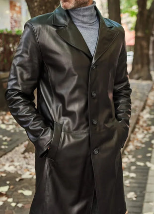 Men's Long Real Black Lamb Leather long Coat