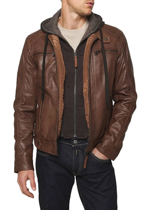 Men's Mocca Brown Leather Bomber Jacket with Removable Hood