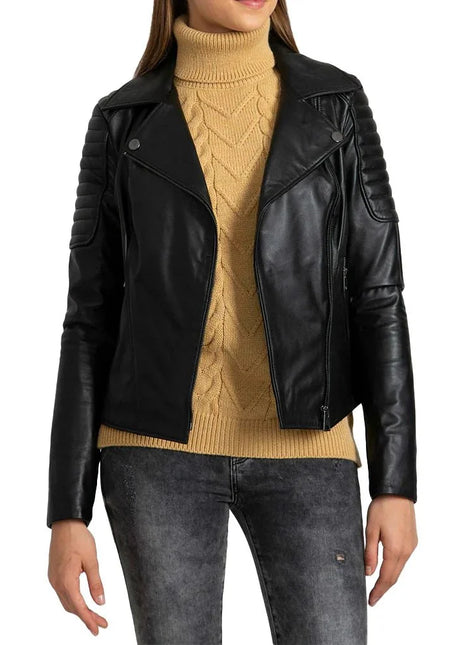 Black Quilted Leather Biker Jacket Women