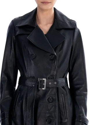 Black Spring Belted Leather Trench Coat For Womens