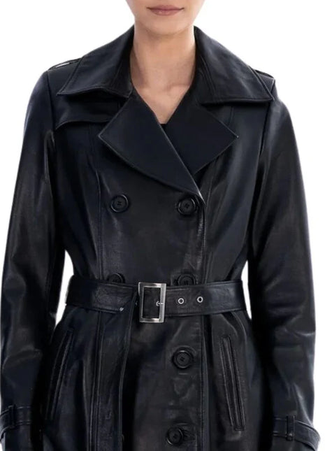 Black Spring Belted Leather Trench Coat For Womens