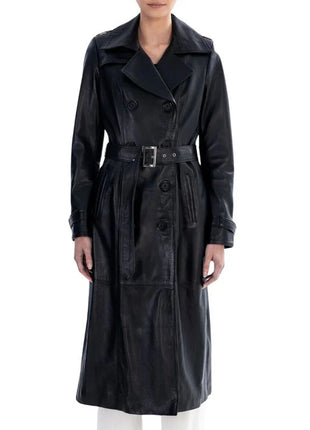 Black Spring Belted Leather Trench Coat For Womens