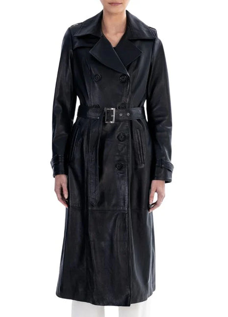 Black Spring Belted Leather Trench Coat For Womens
