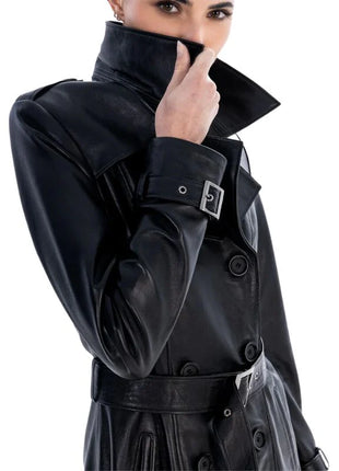 Black Spring Belted Leather Trench Coat For Womens