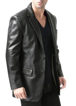 Men's Two Button Real Lambskin Black Leather Blazer