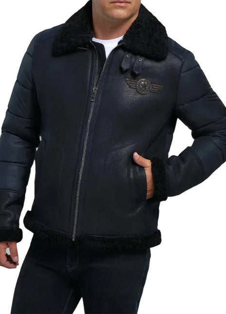 Men's Blue B3 RAF Aviator Sheepskin Shearling Leather Jacket