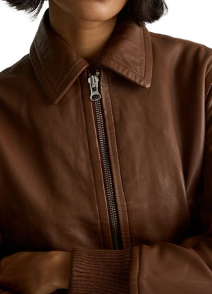 Cropped Brown Bomber Leather Jacket Women's