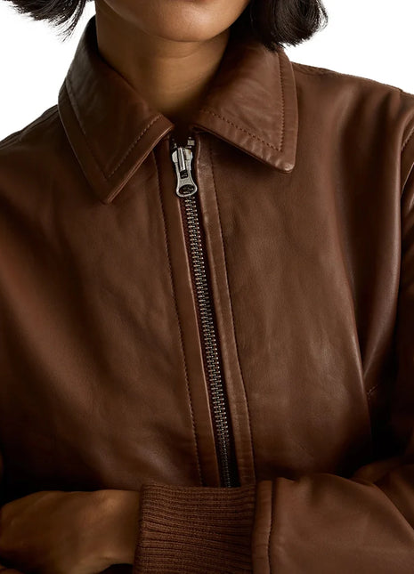 Cropped Brown Bomber Leather Jacket Women's