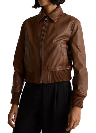 Cropped Brown Bomber Leather Jacket Women's