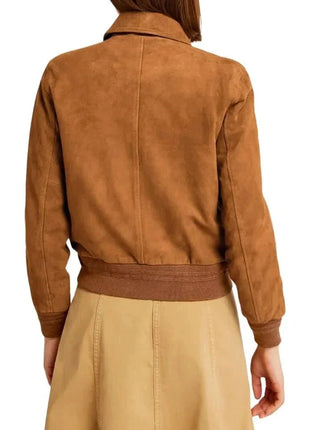 Womens Camel Lauren Brown Suede Bomber Jacket