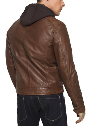 Men's Mocca Brown Leather Bomber Jacket with Removable Hood