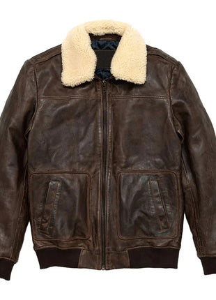 Maverick Vintage Brown Leather Bomber Jacket with Detachable Sherpa Collar