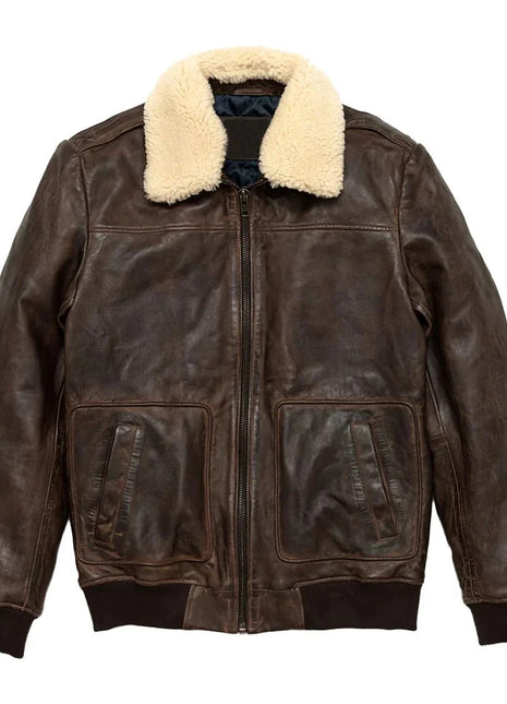 Maverick Vintage Brown Leather Bomber Jacket with Detachable Sherpa Collar
