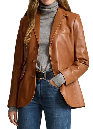 Womens Lambskin Brown Leather Blazer