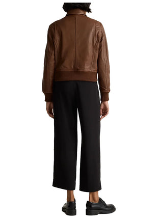 Cropped Brown Bomber Leather Jacket Women's