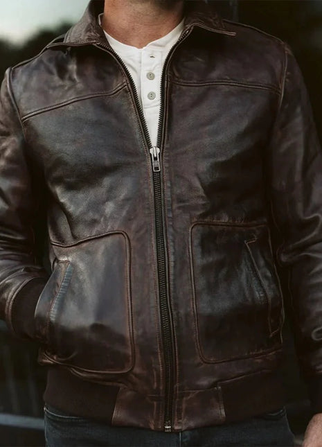 Maverick Vintage Brown Leather Bomber Jacket with Detachable Sherpa Collar