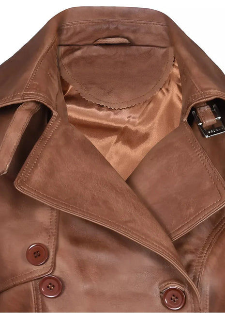 Women's Brown Double-Breasted Mid Length Leather Trench Coat
