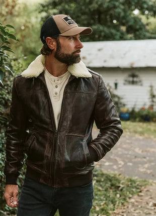 Maverick Vintage Brown Leather Bomber Jacket with Detachable Sherpa Collar