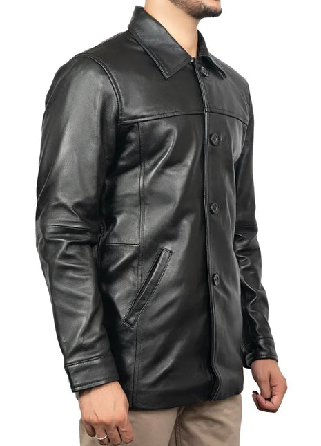 Victor Black Mens 3/4 Length Lambskin Leather Car Coat