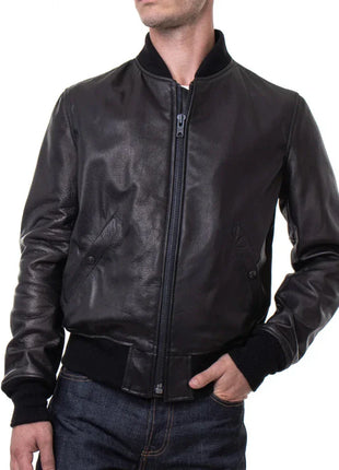 Men's Lightweight Black Cowhide Leather Bomber Jacket
