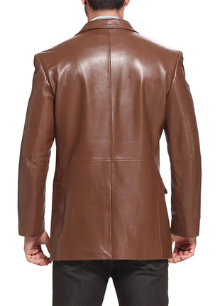 Mens Notched Lapel Two Button Brown Leather Blazer