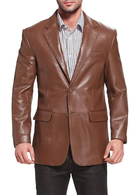 Mens Notched Lapel Two Button Brown Leather Blazer