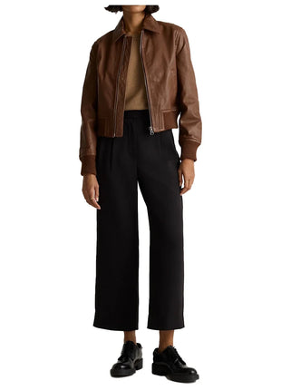 Cropped Brown Bomber Leather Jacket Women's