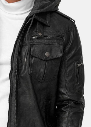 Mens Black Bomber Leather Jacket With Removable Hood