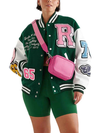 Womens Green and White Woo Blend Varsity Jacket