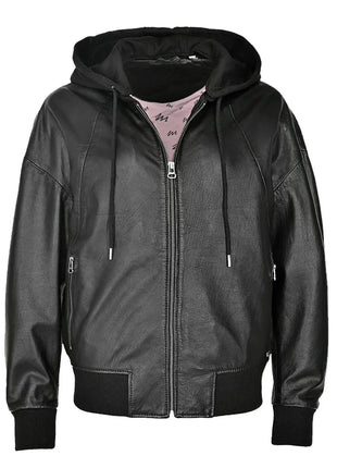 Women's Black Hooded Leather Bomber Jacket with Removable Hood