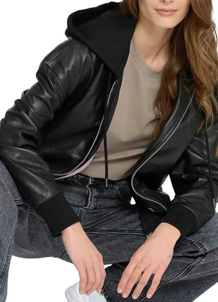 Women's Black Hooded Leather Bomber Jacket with Removable Hood